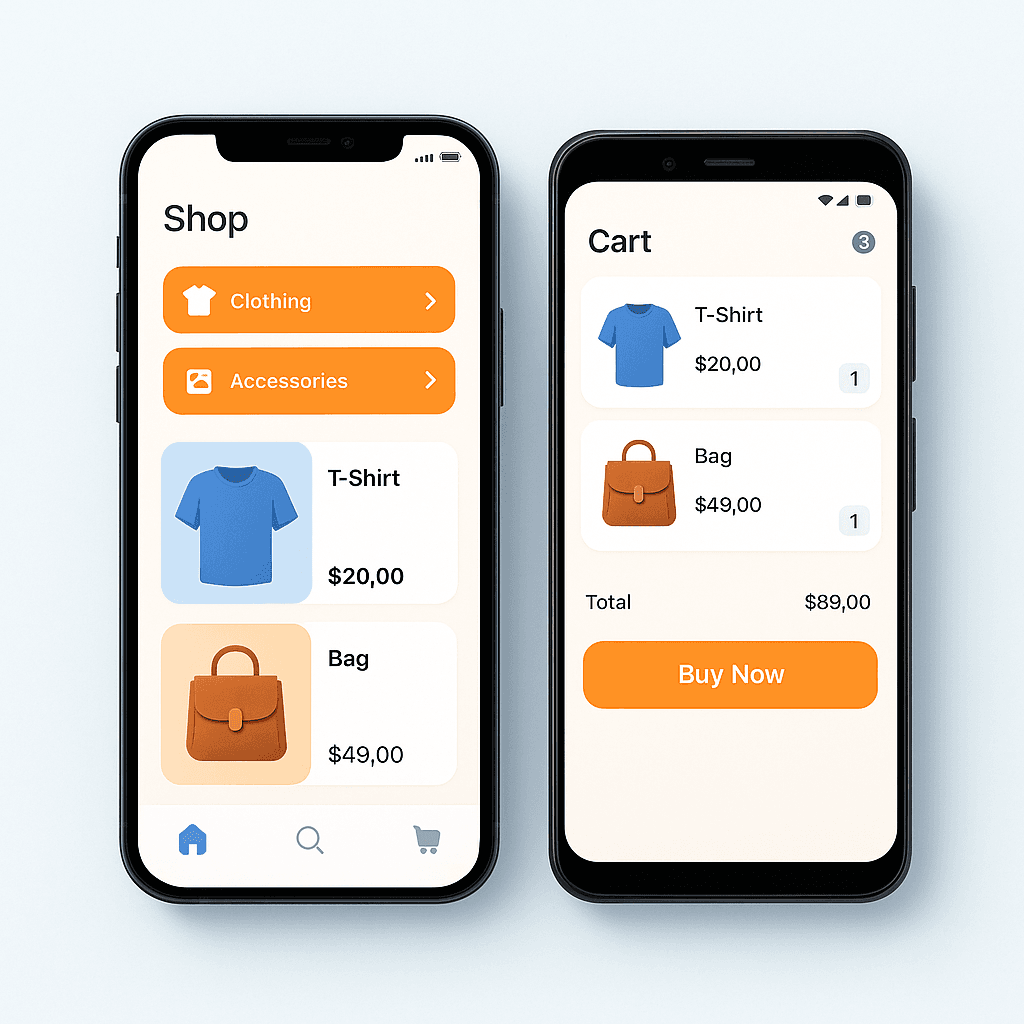 E-commerce mobile app interface showing shop and cart screens